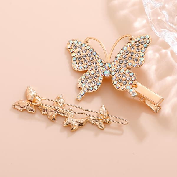 Pakke med 2 Rhinestone Butterfly Hårklipp Flat Bangs Pin Stor Dekor Side Pin
