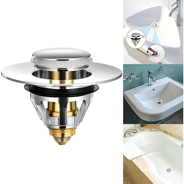 Pop-up-avloppsfilter - Universellt anti-blockerat avloppsfilter, diskbänkspropp, badkarsavlopp och ventil [rostfritt stål + ren koppar, för 34-38 mm avloppshål] B