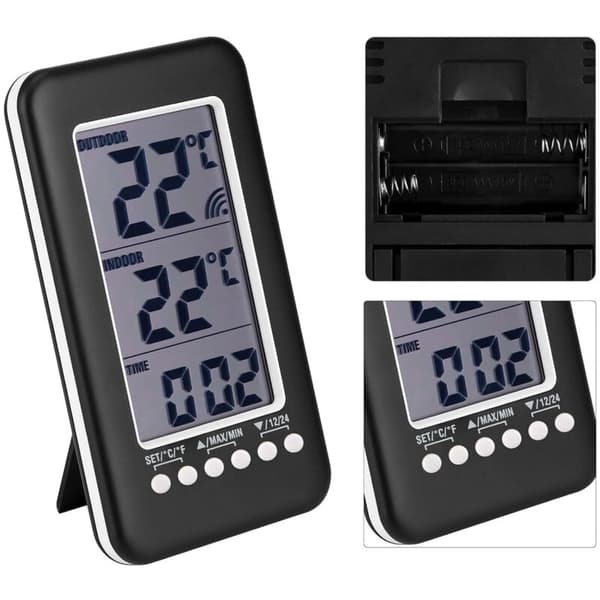 Trådløst indendørs/udendørs termometer – Digitalt LCD-display – Rækkevidde -40 til 70 °C – Digitalt ur – Væg- og bordmontering