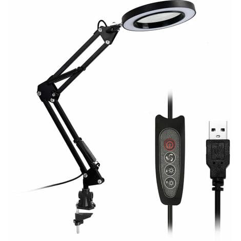 USB 5X Forstørrer Skrivebordslampe Forstørrer LED Foldbar Leselys med Tre Dimmemoduser, Svart, C-Klemme