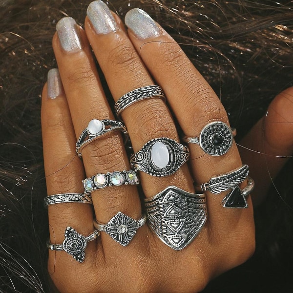 10 st/set Boho Kvinnor Retro Sol Fjäder Pil Carved Knuckle Midi Stacking Ringar Bronze