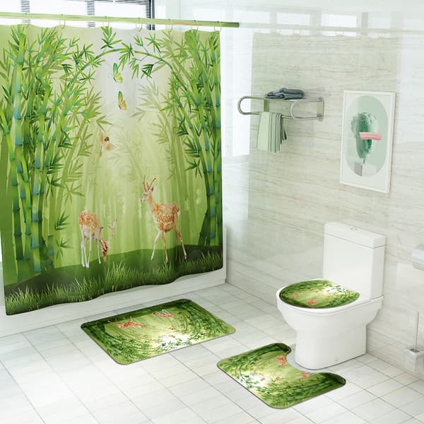 Målad tryck fyra delar toalettgolvmatta set, bambu sika hjort polyester duschdraperi,