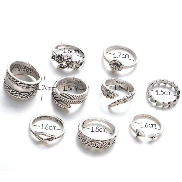 9 stk Vintage Kvinners Hule Utskjæringsblomsterblader Åpen Knuckle Ringsett