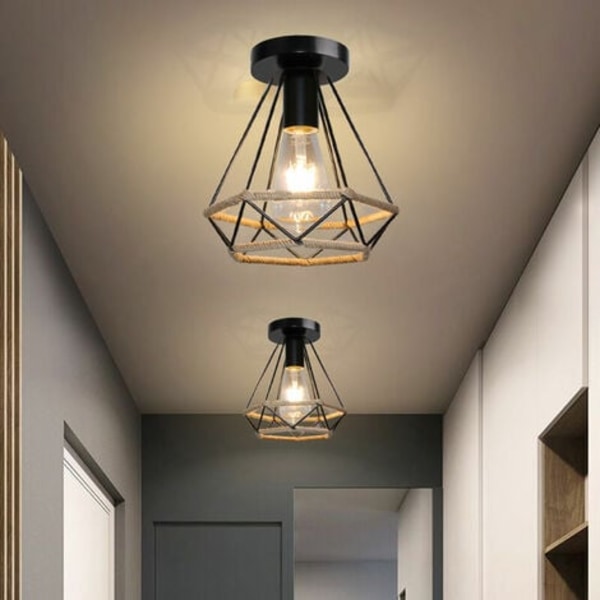 Retro Hamp Rebløft Lampe E27 Metal til Soveværelse Stue Loft Sort - Sort