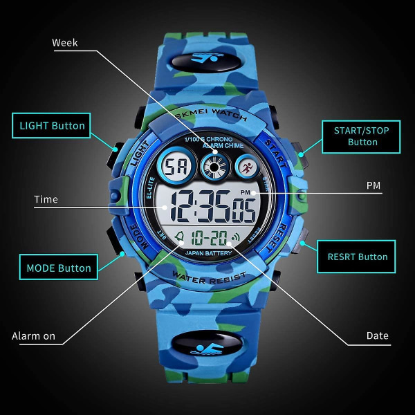 Poikien watch, lasten digitaalinen watch 5-7-vuotiaille pojille vedenpitävä ulkokäyttöinen LED-hälytyskalenteri analoginen watch lapsille, silikoninauhalla