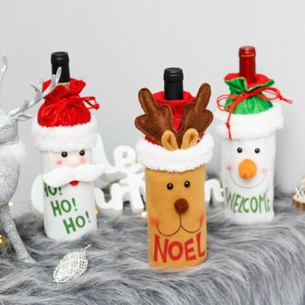 Pakke med julegaveposer til vinflasker med snøring, gjenbrukbare julegaveposer til vinflasker, julegaveposer med julenissen, reinsdyr og snømann