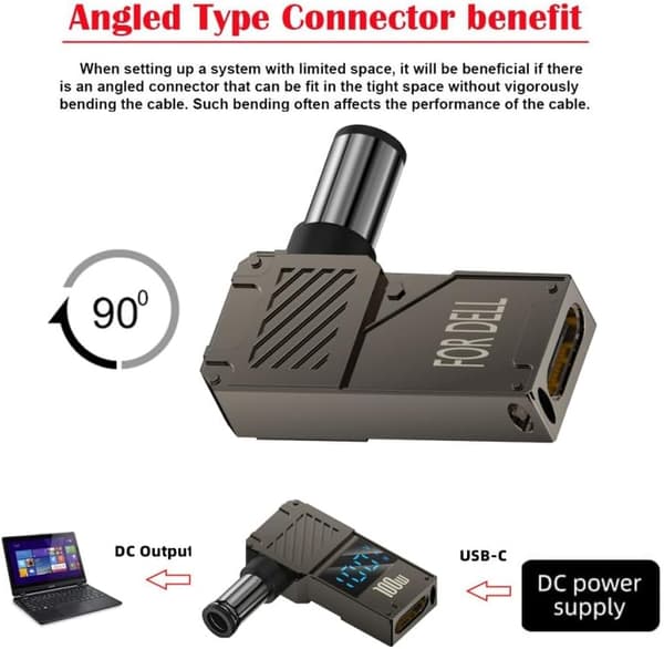 USB-C til DC-adapter, USB-C hunn til DC 7,4 x 5,0 mm sylinderkontakt, 100W PD hurtigladeadapter