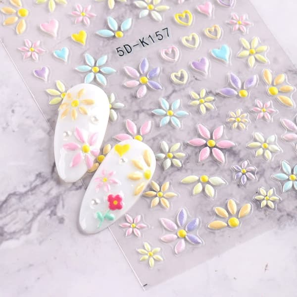 3-pack 5D Daisy Nagelstickers Präglad Sommarblommig Nagelkonst