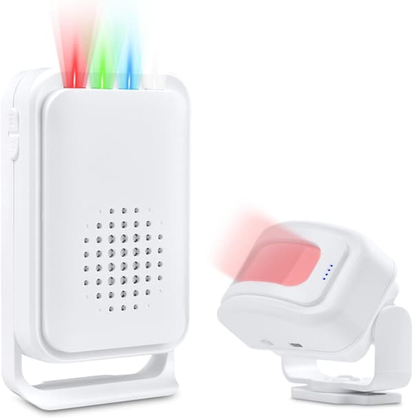 Rörelsesensor dörrklocka, butiksklocka med tyst vibration, 280m räckvidd, 4 färgs LED-ljus, 17 melodier