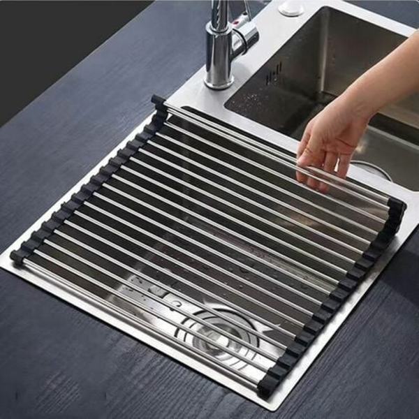 STAINLESS STEEL Oppvaskstativ Svart Kjøkken Sammenleggbar og Avtakbar Rustfritt Stål Rulle Tørker for Vask 43CM*33CM
