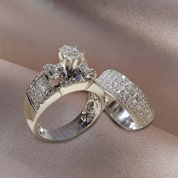 2 st/set Bred enkel parring ringar legering inlagd glänsande strass bröllopsband mode smycken US 6