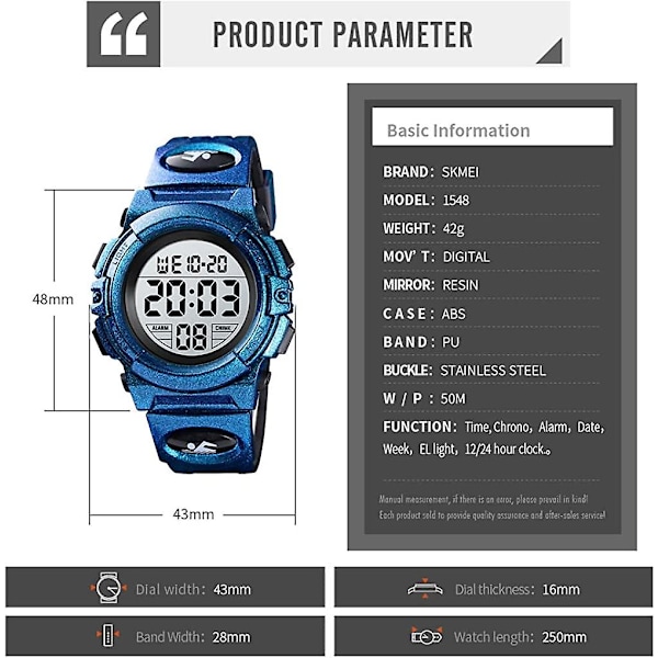 Barnens Digitala Klocka Utomhus Sport 50m Vattentät Elektroniska Klockor Alarm Klocka 12/24 H Stoppur Kalender Pojke Flicka Armbandsur