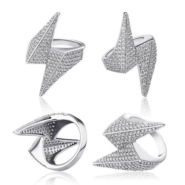 Hiphop-mode Bling Lightning Ringar Isad Ut Cubic Zirkon Guld Silver Färg Personlighet Smycken Storlek 7-11 För Män Kvinnor Gold