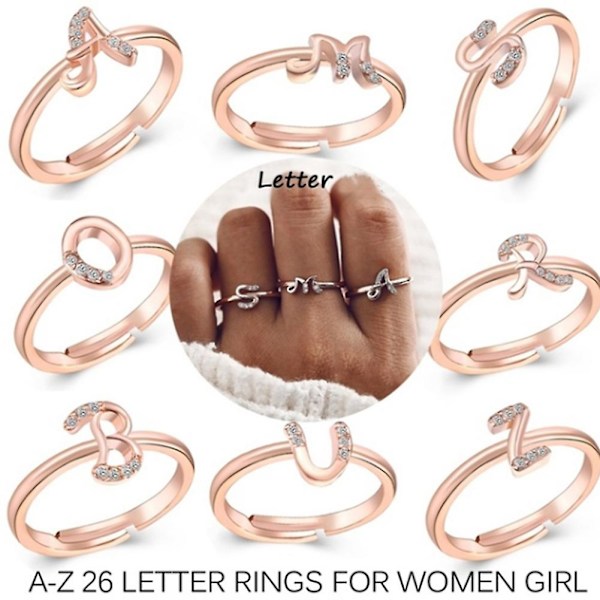 Muodin naiset yksinkertainen A-Z englanninkielinen aakkosten kirjain strassinen avoin sormus koru Rose Gold D