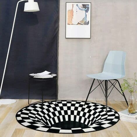 Svartvit Rutmönstrad Rund Matta, 3D Vortex Illusion Matta, 3D Vortex Matta Sovrum Vardagsrum, 3D Area Matta Golvmatta, Vortex Illusion