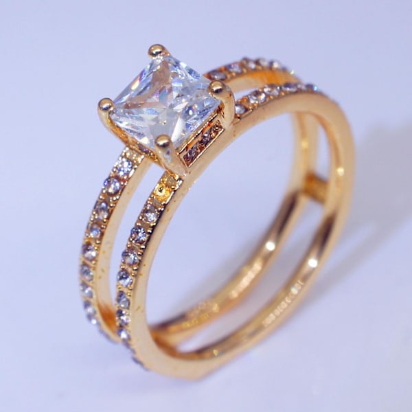 Kvinnor Ring Dubbellager Fyrkantig Strass Smycken Mode Utseende Utsökt Finger Ring För Bröllop US 11