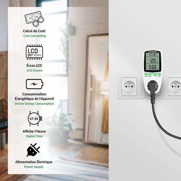 FISHTEC - Plug-in Wattmeter - Strømforbruksmåler - LCD-skjerm