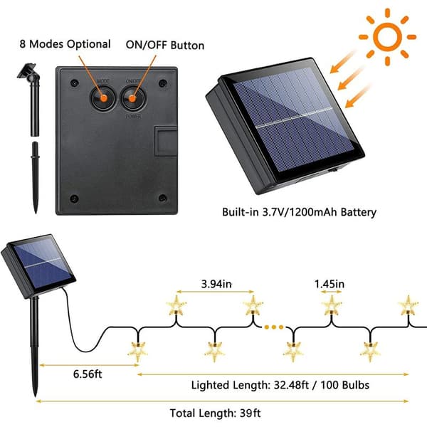 Star Solar String Lights, 39ft 100 LED Solcellelys Udendørs, 8 Tilstande Stjerneblinkende Lys Vandafvisende Solcellelys w