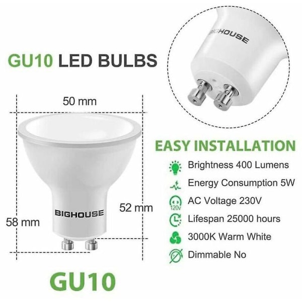 6st Gu10 LED-lampa 5w motsvarande 40w varmvit - 3000k