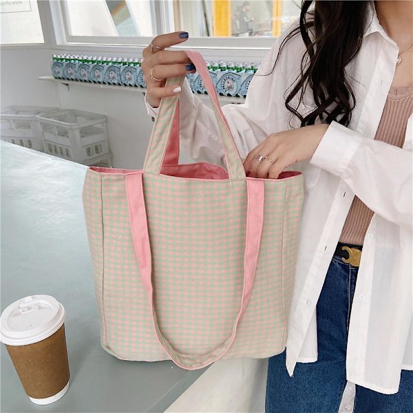 Enkel Plaid Skuldertaske Student Kvinde Fritids Dobbelt Brug Canvas Taske Casual Shopping Tote Pink
