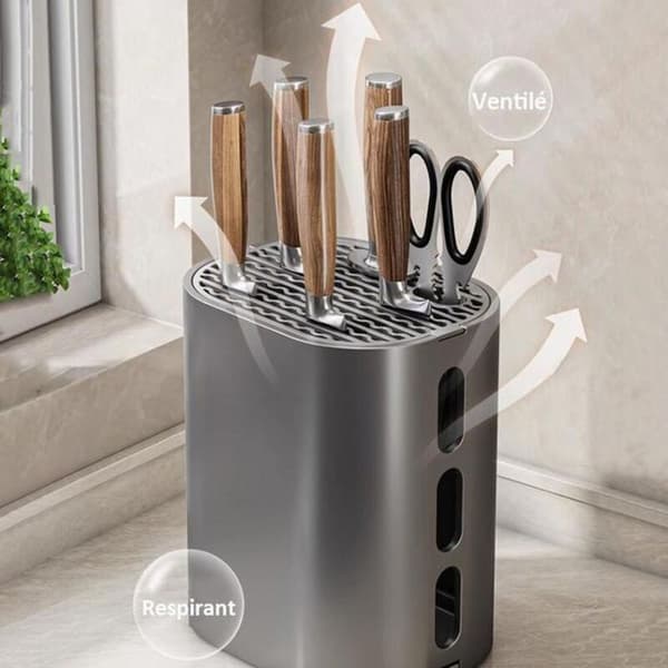 Multifunktionel køkkenknivholder - Aluminium og PP - Rustfri - Ventileret opbevaring til knive og tilbehør - Grå