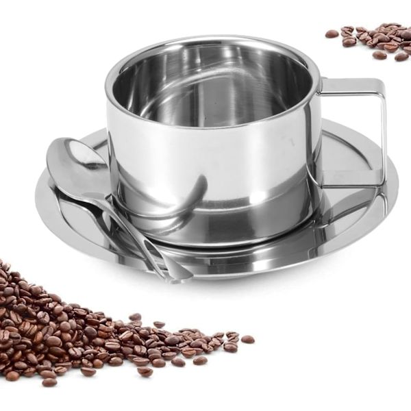 3-delt/sæt Dobbeltvægget 304 rustfrit stål kaffekop, ske og underkop sæt