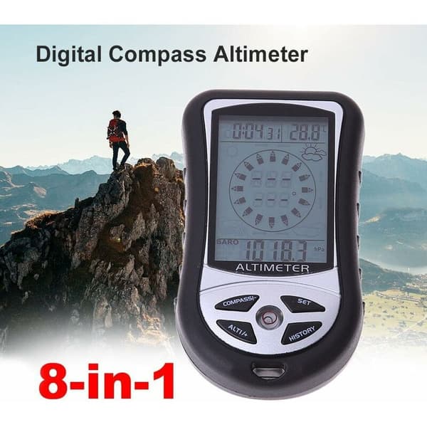 Høydemåler, barometer, termometer, værmelding, lommekompass for utendørs