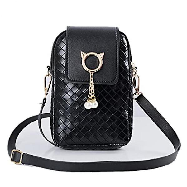 Dames Mini Crossbody Pu Mobiltelefon Skuldertaske, Kvinders Lynlås Telefonpung Smart Tegnebog Mobiltelefon Taske Med Justerbar Skulderrem Til Rejse Black