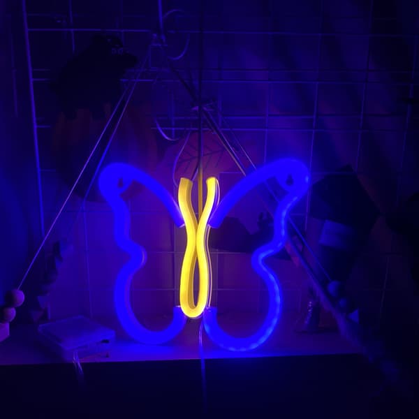 LED neonlys, kreative neonromdekorasjonsbakgrunnslys (sommerfuglblå utvendig og varmhvit innvendig)