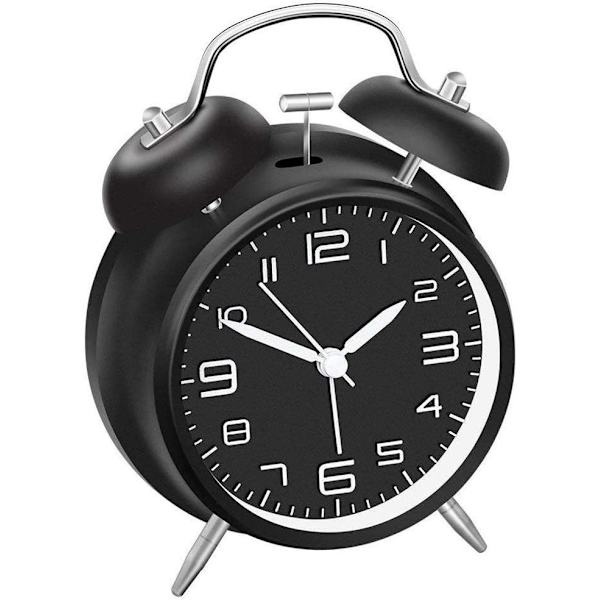 Dubbel Klocka Väckarklocka med Nattlampa, 4 Tums Urtavla, Analog Kvartsväckarklocka, Tyst, Batteridriven Väckarklocka (Svart)