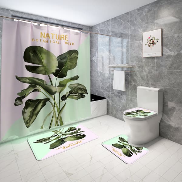 Digitaltrykt Vanntett Blad Dusjforheng Toalettgulvmatte Sett, Y04