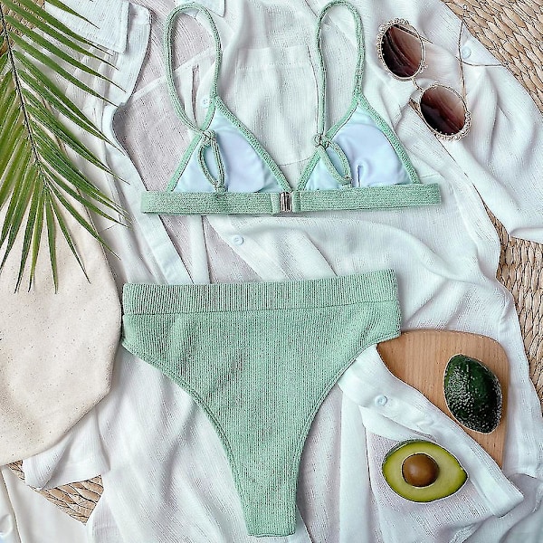 Dam Bikinisätt med Hög Midja Push Up, Baddräkt, Strandkläder Green S
