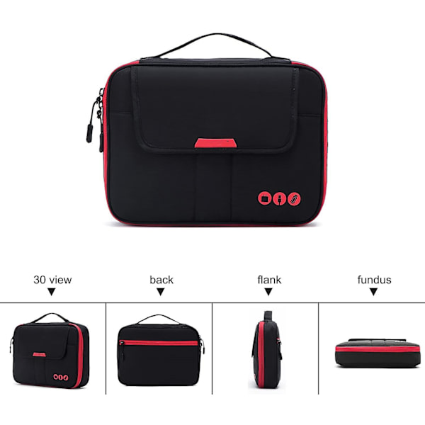 Universell reseväska för kabelorganisering, elektroniktillbehör, för 9,7 tums iPad, Kindle, nätadapter Black and Red