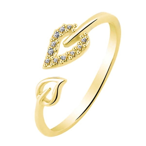 Unik Justerbar Hål Hjärta Blad Rhinestone Öppningsring Kvinnor Smycken Golden
