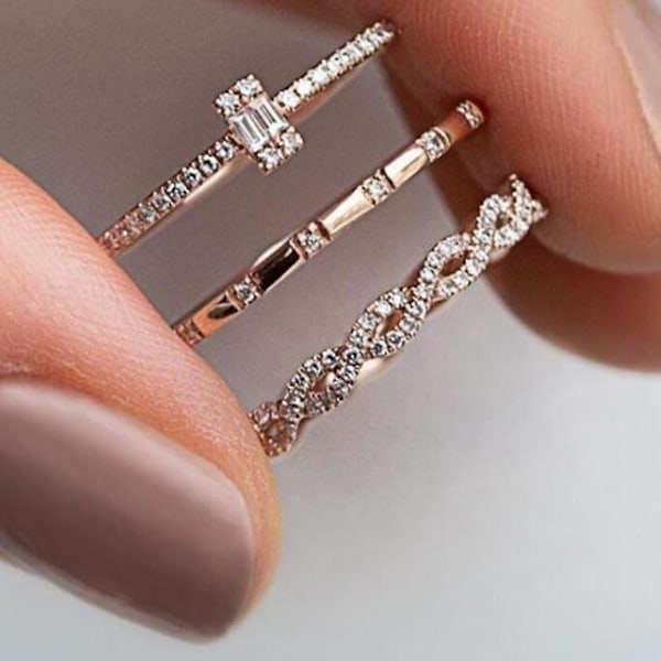3 st/set Criss Cross Cubic Zirconia Inlagd Staplingsring Bröllop Brud Smycken US 8