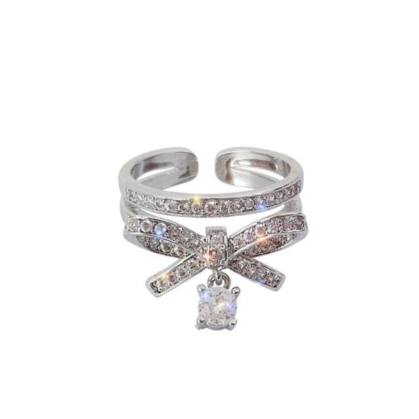 Luksuriøs Alloy Cubic Zirconia Bue Dobbeltlags Rhinestone Vedhæng Åben Ring Til Valentinsdag Silver