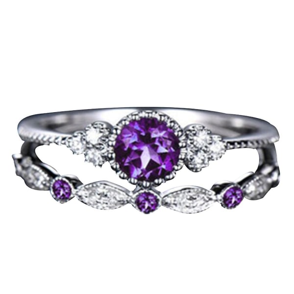 2 st/set Dam Runda Cubic Zirconia Inlagda Bröllop Finger Ringar Smycken Present Purple US 6