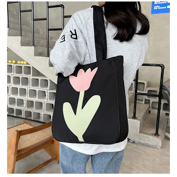 Mediumblommig Canvas Tote Bag för Universitetsstudenter, Blommiga Shopping Canvasväskor, Initialer Återanvändbara Väskor Svart