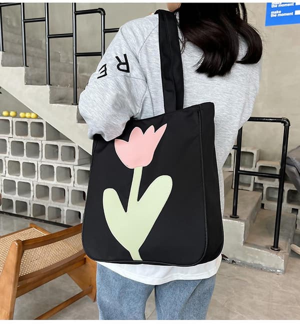 Mellemstor Blomstermønstret Canvas Tote Bag Universitetsstuderende, Blomster Shopping Canvas Tasker, Initial Genanvendelige Tasker Sort