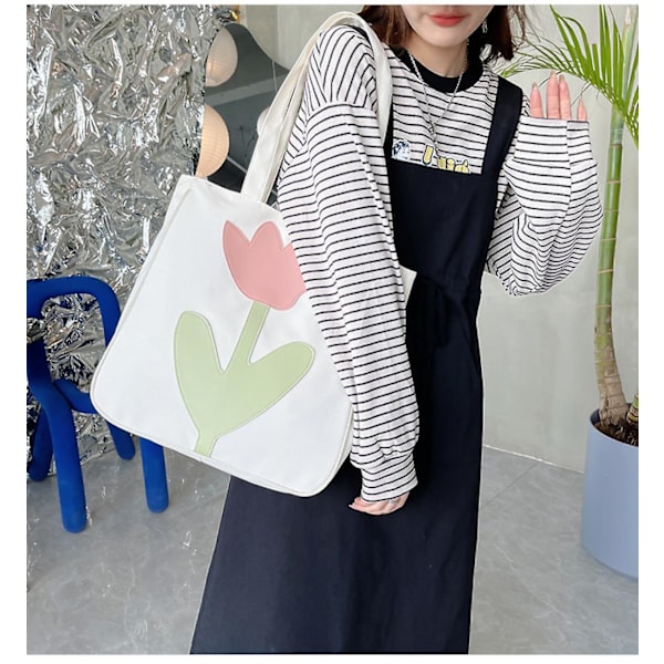 Mediumblommig Canvas Tote Bag för Universitetsstudenter, Blommiga Shopping Canvasväskor, Initialer Återanvändbara Väskor Vit