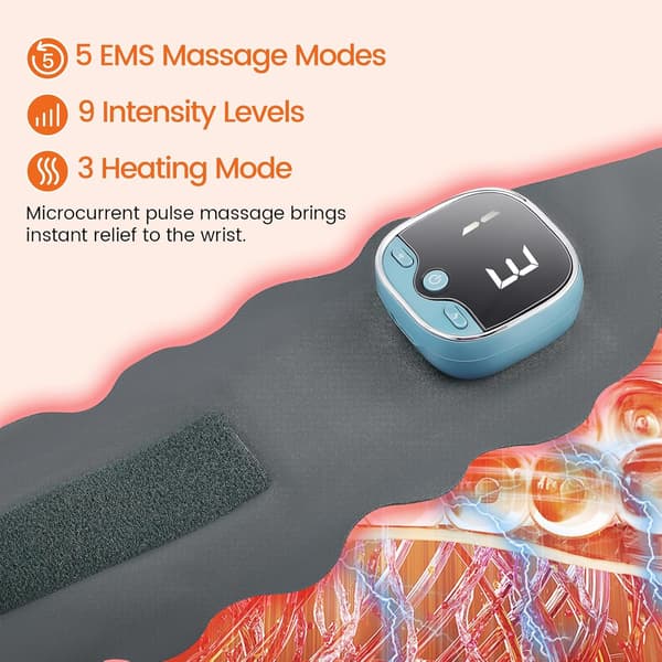 EMS Håndledsmassager, 5 Tilstande/9 Intensitetniveauer, 3 Varmeniveauer, Lindrer Træthed og Smerte