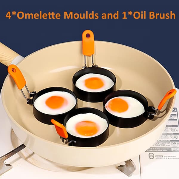 Eggformer i rustfritt stål, non-stick eggformer til stekepanne, med sammenleggbart silikonhåndtak og oljebørste