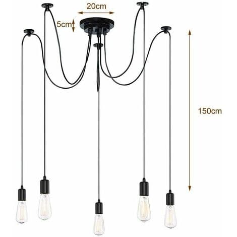 Lysekrone Vedhæng DIY Justerbar Loftslampe E27 1.5m 5 Lys til Stue Soveværelse Bar Sort - Sort