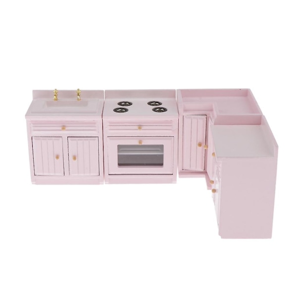 Miniatyyri Nukkekoti Keittiökalusteet, 1/12 Puinen Keittokaappi Uuni Pesualtaan Mallisetti, Toimivilla Ovilla, Nukkekoti Koristeiden Sarja
