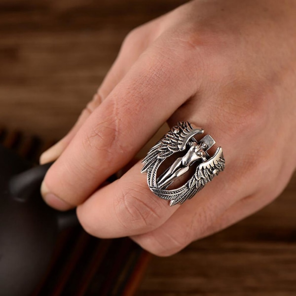 Gotiska män Cross Guardian Angel Wings snidade Biker Finger Ring Smycken Present US 8