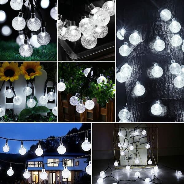 Utendørs solcellelyslenke, 12M 100 LED solcellekrystallkulelys utendørs vanntett 8 moduser, bryllupsfest, hvit