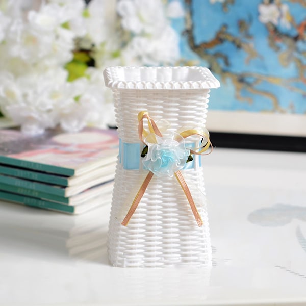 Blomster Vase Ubrækkelig Kvadratisk Åbning Skrivebords Dekoration Imitation Rattan Vævet Plastik Vase Til Hjem Par