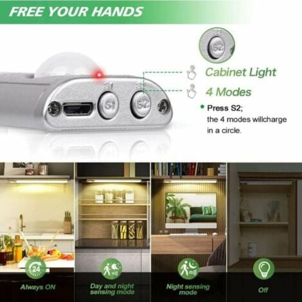 Skaplys 160 LED Skapbelysning Skapbelysning Bevegelsessensor USB Oppladbar Trinnløs Dimming 3 Lysmoduser Automat