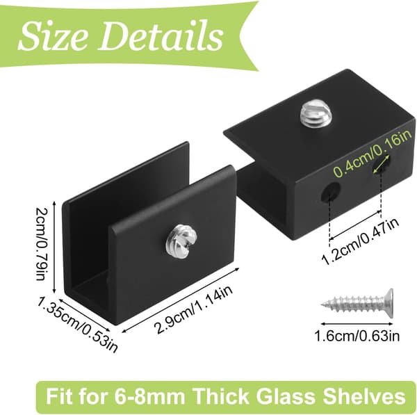 Set med 4 justerbara rektangulära glasklämmor i aluminiumlegering för glashyllor - Väggfäste för 8-10 mm glashyllor
