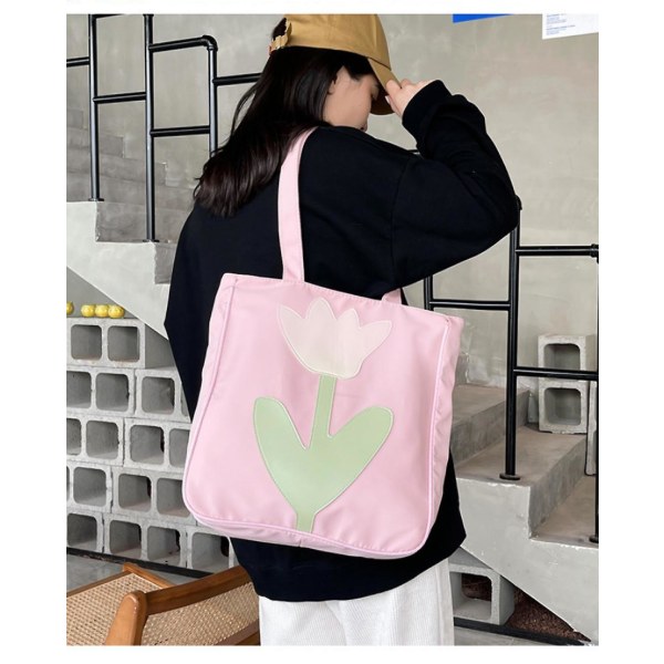 Medium Flower Pattern Canvas Tote Bag University Student , Floral Shopping Canvas Bags, Initial Reusable Bags Pink